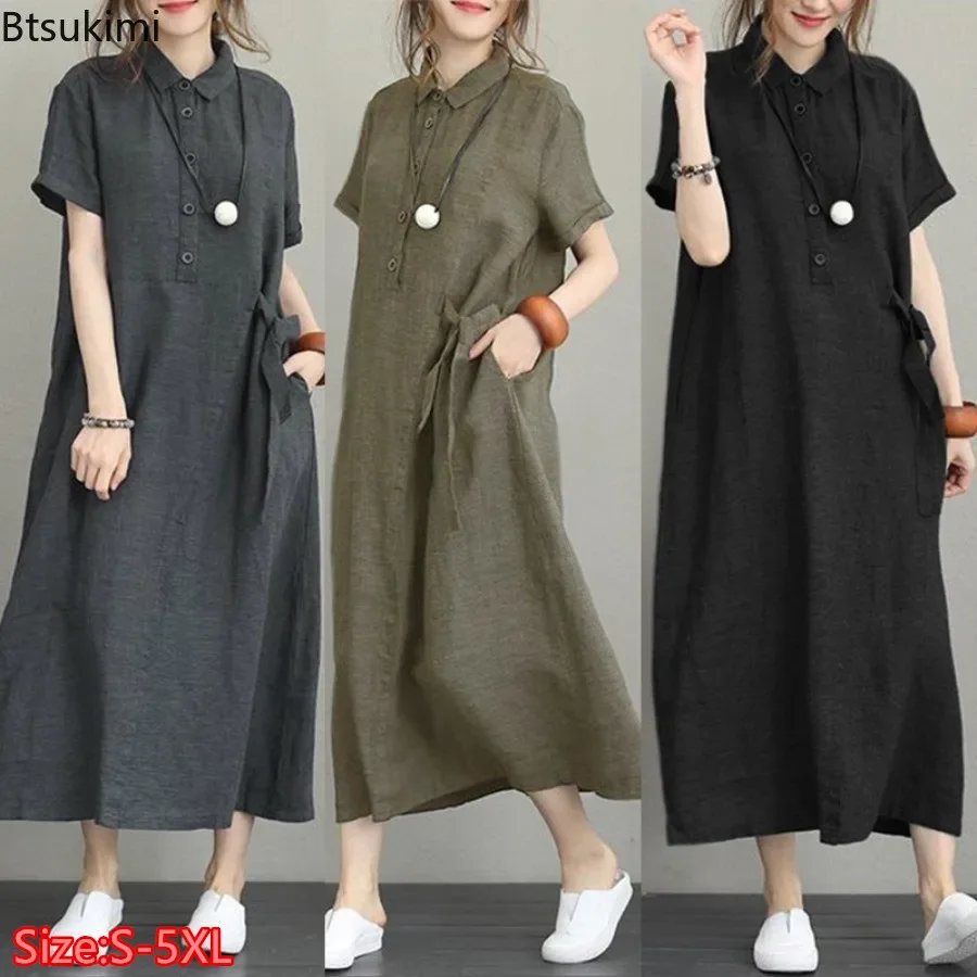 Casual Loose Linen Shirt Dress - Gaun Musim Panas 2026 Sederhana Vintage