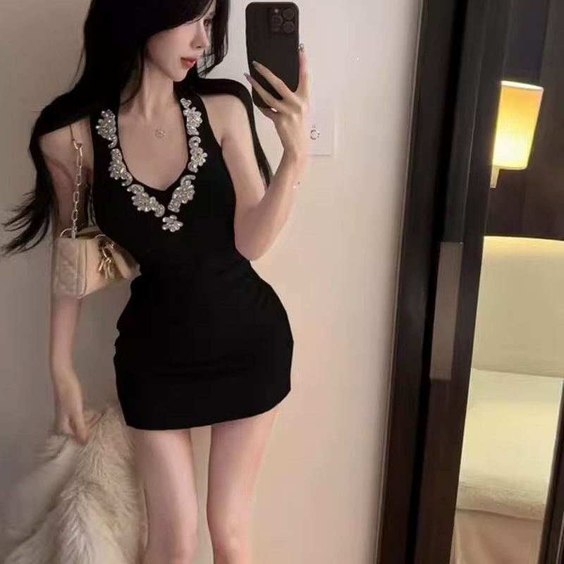 Sparkly Rhinestone Club Party Dress - Gaun Mini Bodycon Hitam Seksi Satu