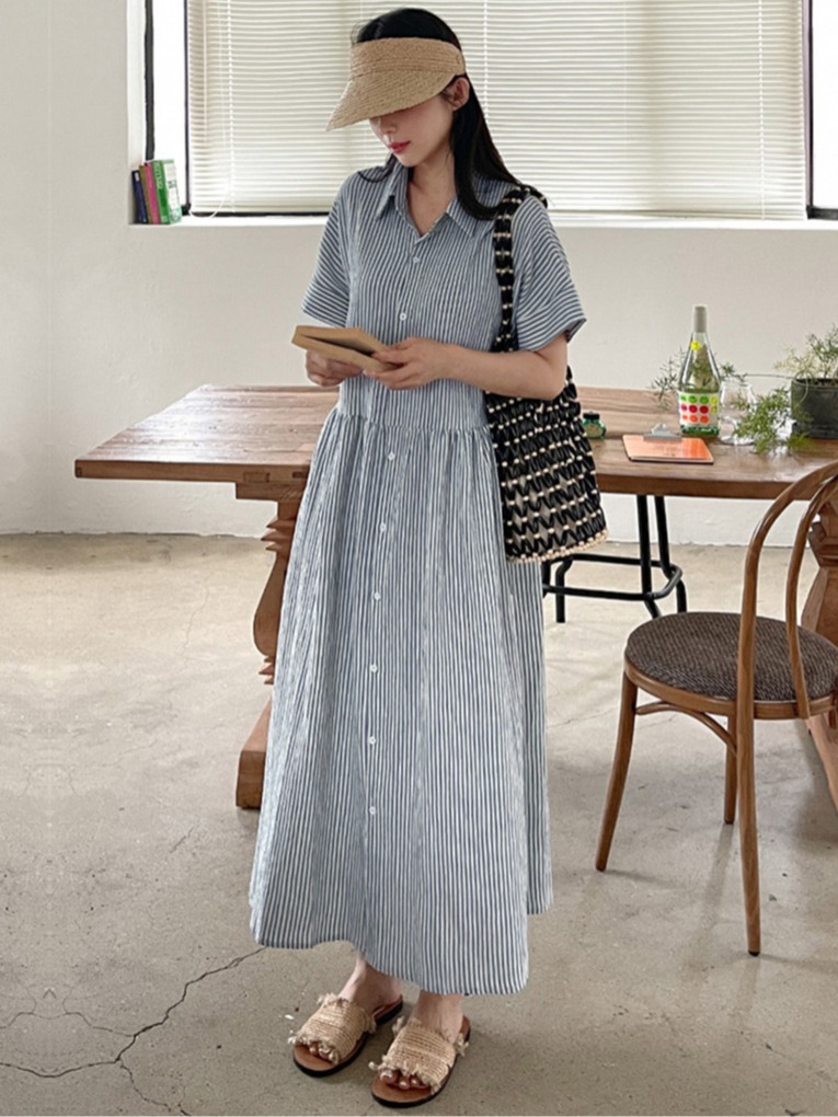 Gaun Kemeja Bergaris Gaya Kore - Casual Loose Linen Shirt Dress ulasan dan harga