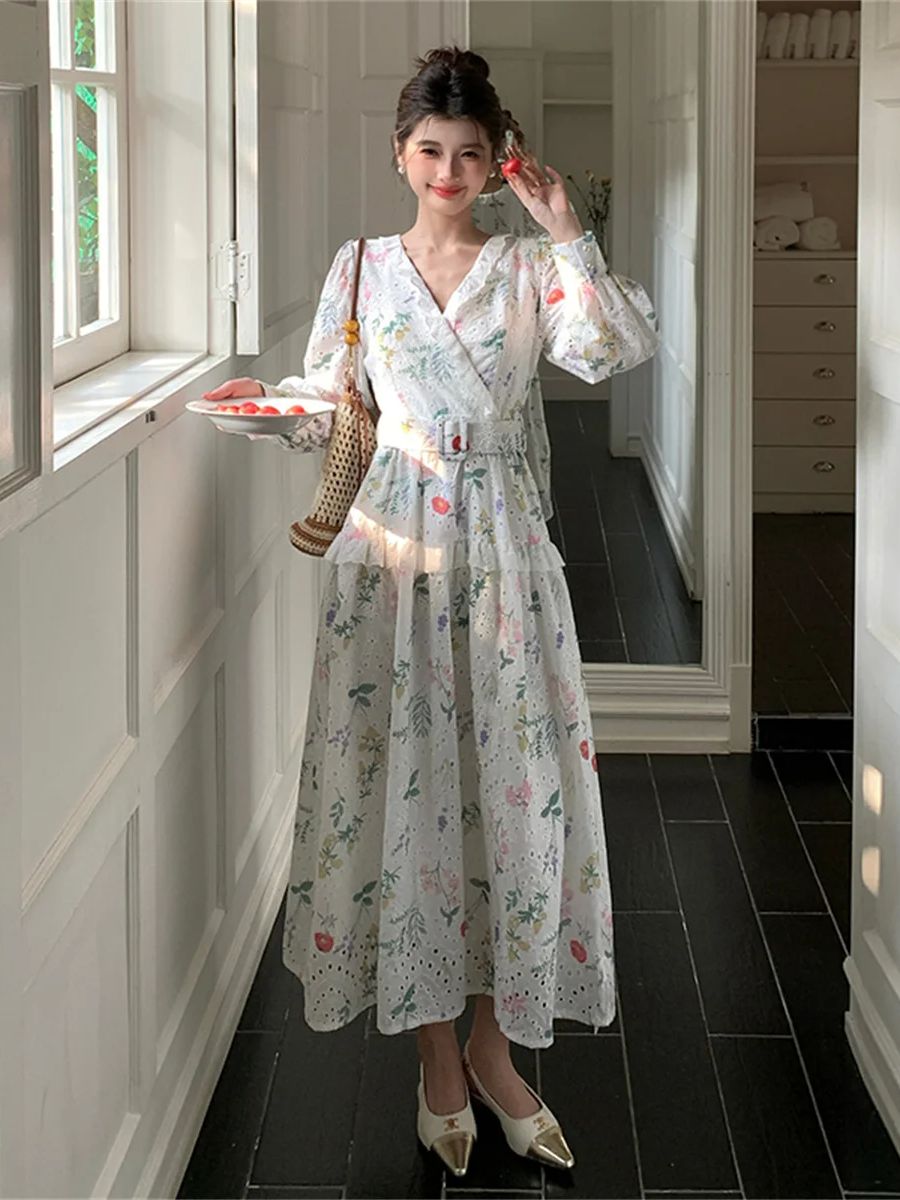 Gaun Midi Motif Bunga Lengan L - French Vintage Floral Midi Dress ulasan dan harga
