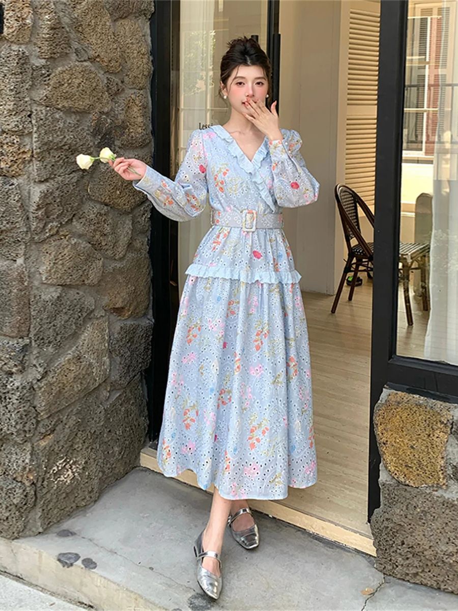 Gaun Midi Motif Bunga Lengan L - French Vintage Floral Midi Dress ulasan dan harga