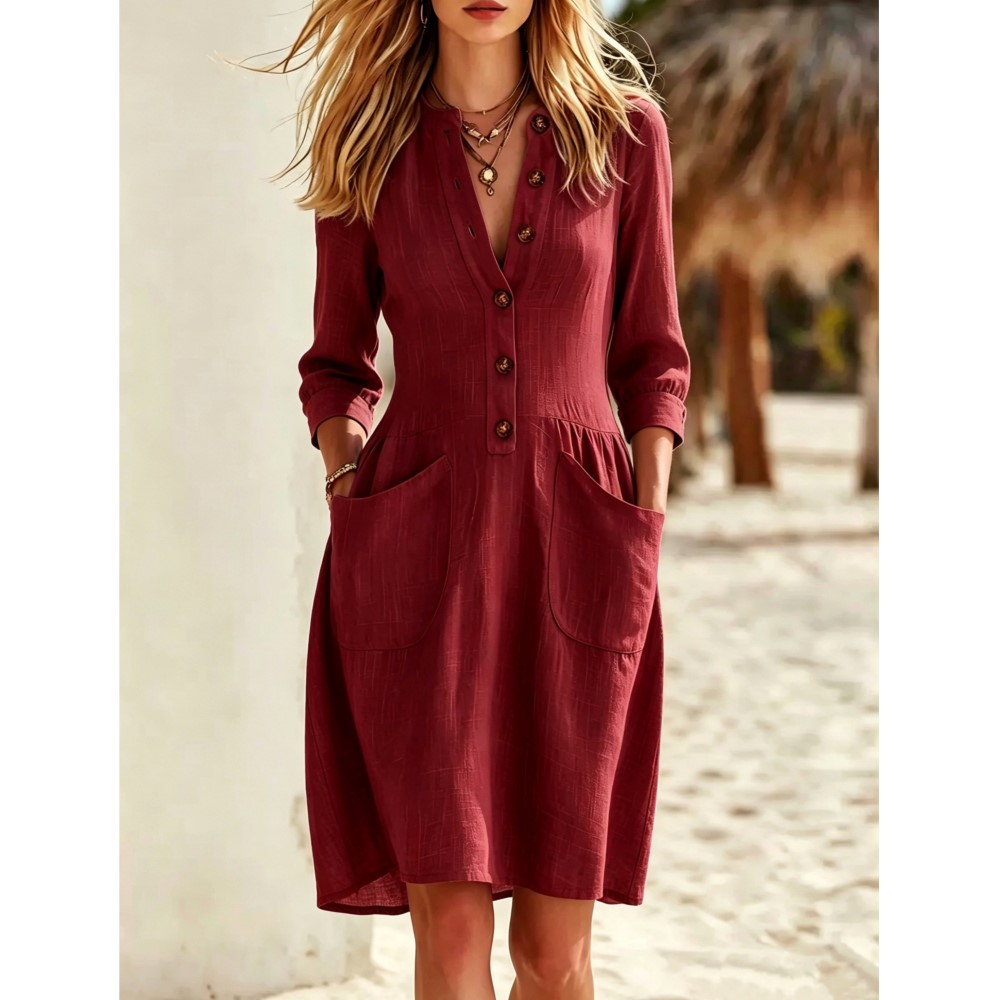 Gaun Kemeja Wanita Lengan 7/4  - Casual Loose Linen Shirt Dress ulasan dan harga