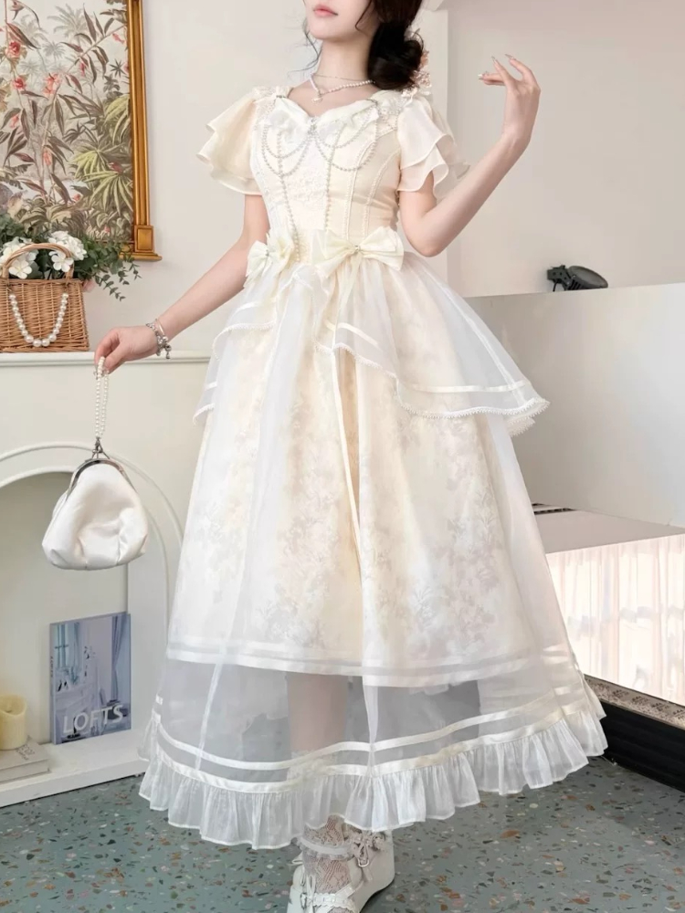 Gaun Desain Pita Antik Manis G - French Vintage Floral Midi Dress ulasan dan harga