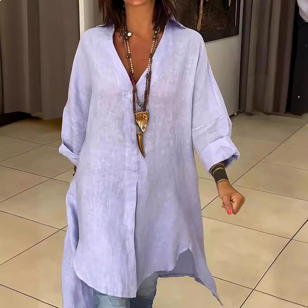 Gaun Kemeja Linen Wanita, Mode - Casual Loose Linen Shirt Dress ulasan dan harga