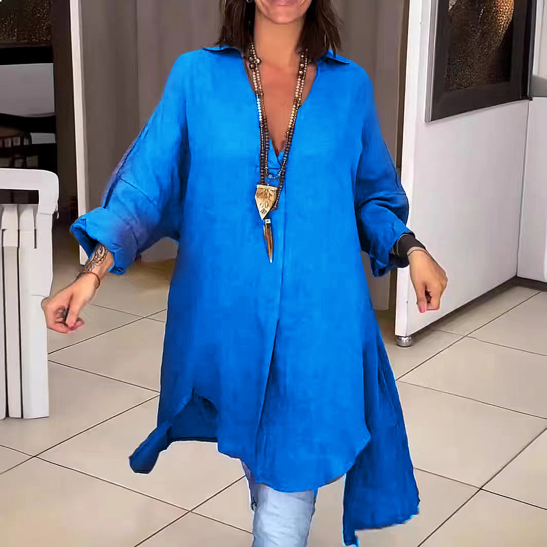 Gaun Kemeja Linen Wanita, Mode - Casual Loose Linen Shirt Dress ulasan dan harga